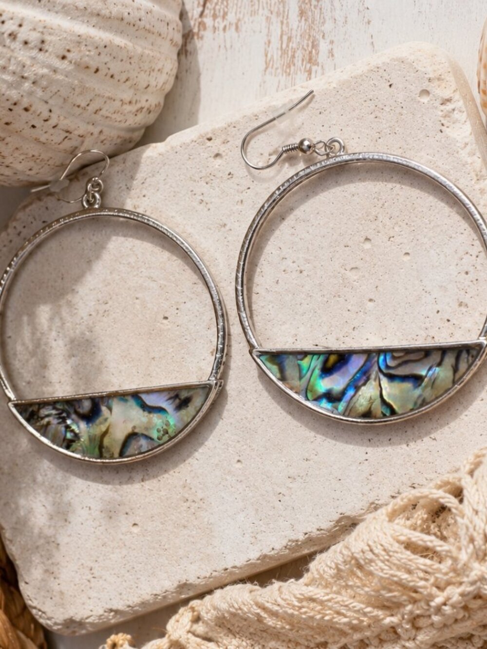 Statement Abalone Shell Hoop Earrings Boho Iridescent Silver Tone Large Hoops